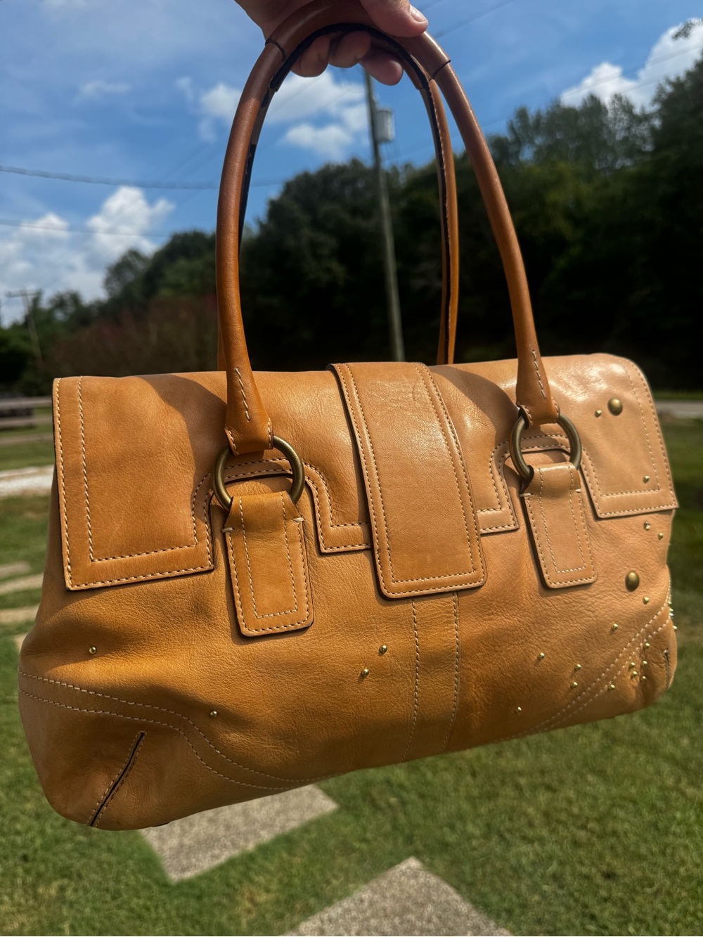 Coach Cognac Leather Studded Satchel - Picture 7 of 8